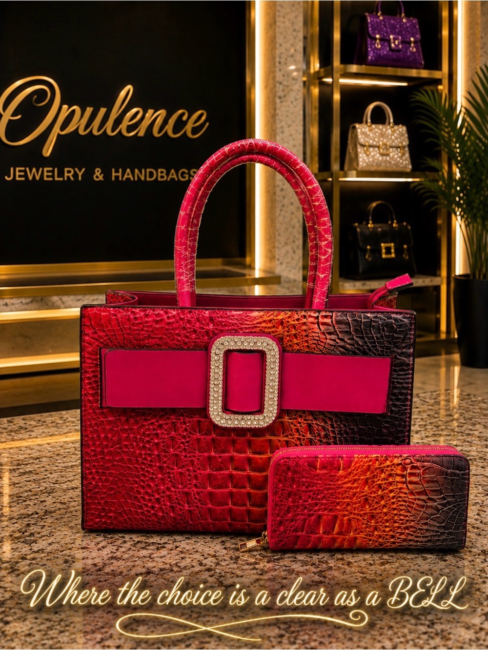 Women’s Red Ombre Croc-Embossed Tote with Rhinestone Buckle
